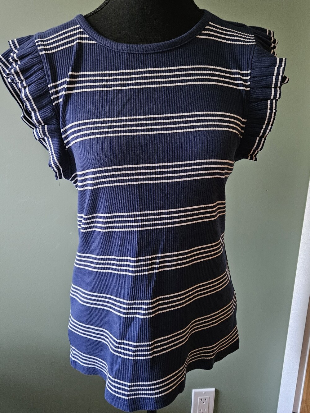 J. Crew Navy and White Striped Ruffle Sleeve Tank